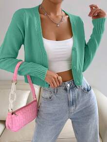 SHEIN Unity Women's Girly Single-Breasted Versatile Minimalist Knit Cardigan - Green - View 4