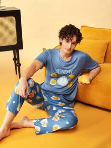 Notgurli GARFIELD | SHEIN Men's Cartoon Print Crew Neck Short Sleeve Top And Long Pants Loungewear Set - Blue - View 6