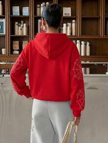 SHEIN EZwear 女款休閒寬鬆運動衫，蜘蛛印花，秋冬服飾 - 彩色 - 查看 4