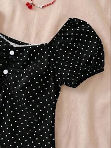 SHEIN 青少年女孩上衣 黑白修身休閒日常度假簡約舒適款，波點後背抓褶上衣，優雅純色蕾絲飾邊上衣，適合夏季、度假、休閒、居家 - 黑色 - 查看 3