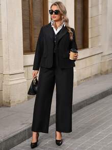 EMERY ROSE 3 Pcs SetPlus Size Women Autumn/Winter Elegant Party Commute Black Suit Vest, Blazer And Pants 3 Pieces Set With Pockets,Going Out,Office Wear,Fall - Black - View 3