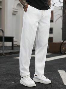 Manfinity CasualCool 男士休閒百搭日常旅行長褲，附口袋 - 白色 - 查看 3