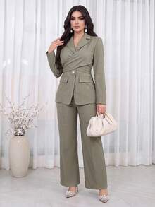 Feyla Setelan Jas Baru Gaya Prancis dengan Desain Unik, Celana Panjang Model Mengembang dengan Ikat Pinggang Ramping, Cocok untuk Perjalanan Sehari-hari, Serbaguna, dan Elegan, Warna Hijau Muda. - Hijau - View 3