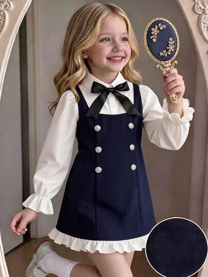 SHEIN Tween Girl Patchwork Colorblock Academy Style 2 In 1 Waist-Cinching Bow Decor Dress, Kids Back To School