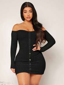 SHEIN SXY Off Shoulder Single Breasted Bodycon Dress - Black - View 4