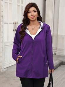 SHEIN Clasi 大尺碼女款花卉印花連帽休閒日常長袖外套 - 紫色 - 查看 4