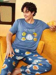 Notgurli GARFIELD | SHEIN Men's Cartoon Print Crew Neck Short Sleeve Top And Long Pants Loungewear Set - Blue - View 5