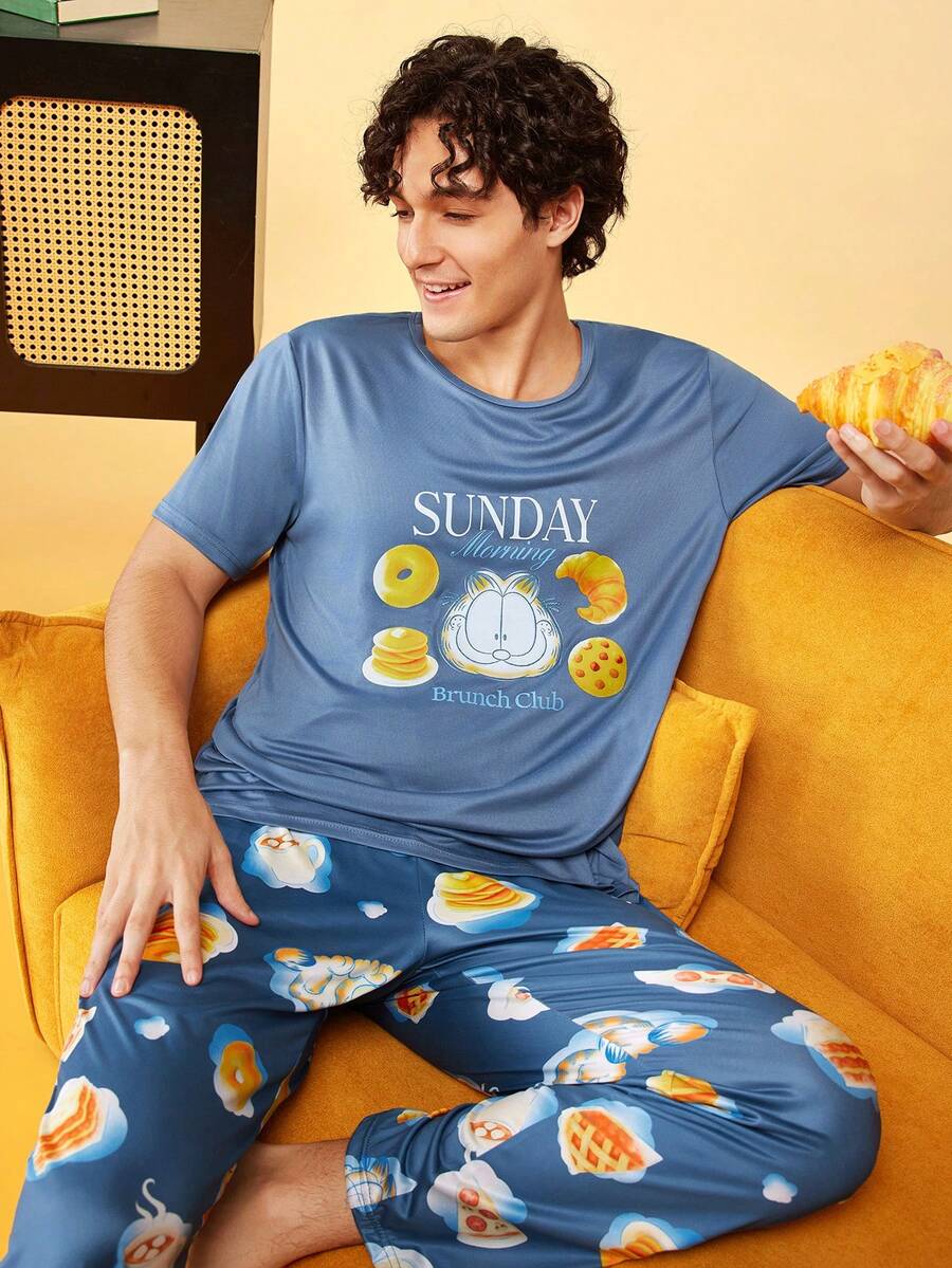 Notgurli GARFIELD | SHEIN Men's Cartoon Print Crew Neck Short Sleeve Top And Long Pants Loungewear Set - Blue - View 1