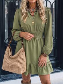LanaWest Vestido de mujer verde con cuello en V, fruncido, manga larga, cintura elástica, bajo con volantes, línea A, unicolor, efecto terciopelo, estilo occidental casual, elegante, para ir al trabajo, otoño/invierno, LilyWest - Verde - Ver 5