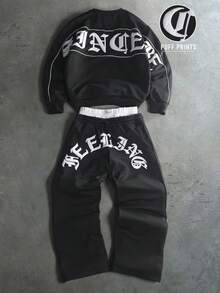 PAVTROS Men's Letter Embossed Long Sleeve Sweatshirt And Sweatpants Casual Set - Black - View 1