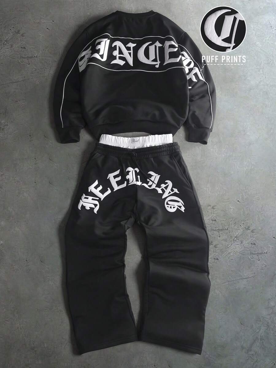 PAVTROS Men's Letter Embossed Long Sleeve Sweatshirt And Sweatpants Casual Set - Black - View 1