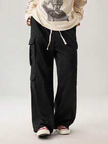 Vaulklash Loose Fit Men's Cargo Pants With Flap Pockets, Side Drawstring Waist, Fall Wide Leg - Black - View 4