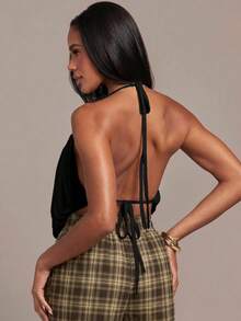 Hauture Women's Sexy Casual Cowl Neck Ruched Chiffon Backless Top - Black - View 2