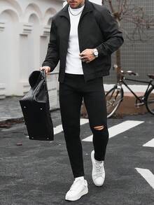 Manfinity CasualCool 1件男士成熟休閒夾克外套，通勤百搭，時尚舒適，男友禮物、丈夫禮物、週年紀念禮物 - 黑色 - 查看 3