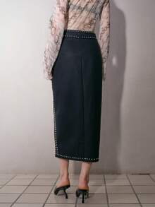 MOTF PREMIUM Rok PU Wanita dengan Desain Stud, Musim Gugur/Musim Dingin - Hitam - View 8