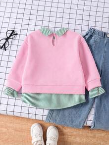 SHEIN Elladie kids 女童時尚簡約馬匹印花拼接撞色條紋印花翻領 2 合 1 設計長袖抓絨內裡衛衣上衣，柔軟面料，充滿活力與青春氣息，適合返校季、外出，秋冬穿著 - 彩色 - 查看 2