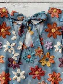 EMERY ROSE Plus Size Women's Blue Boho Summer Vacation Holiday Elegant Loose Blouse,Hand-Painted Crayon Floral Double-Layer Flutter Sleeve Bowknot Back Design - Multicolor - View 4