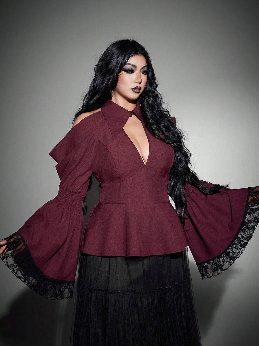 Whyspr Gothic Style Halloween Fashion Flared Sleeve Dark Red Color Block Sexy Fitted Plus Size Women's Blouse - Red Violet - View 1