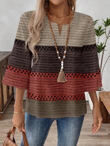 EMERY ROSE Plus Size Casual Color Block Splice Shirt Fall - Multicolor - View 4