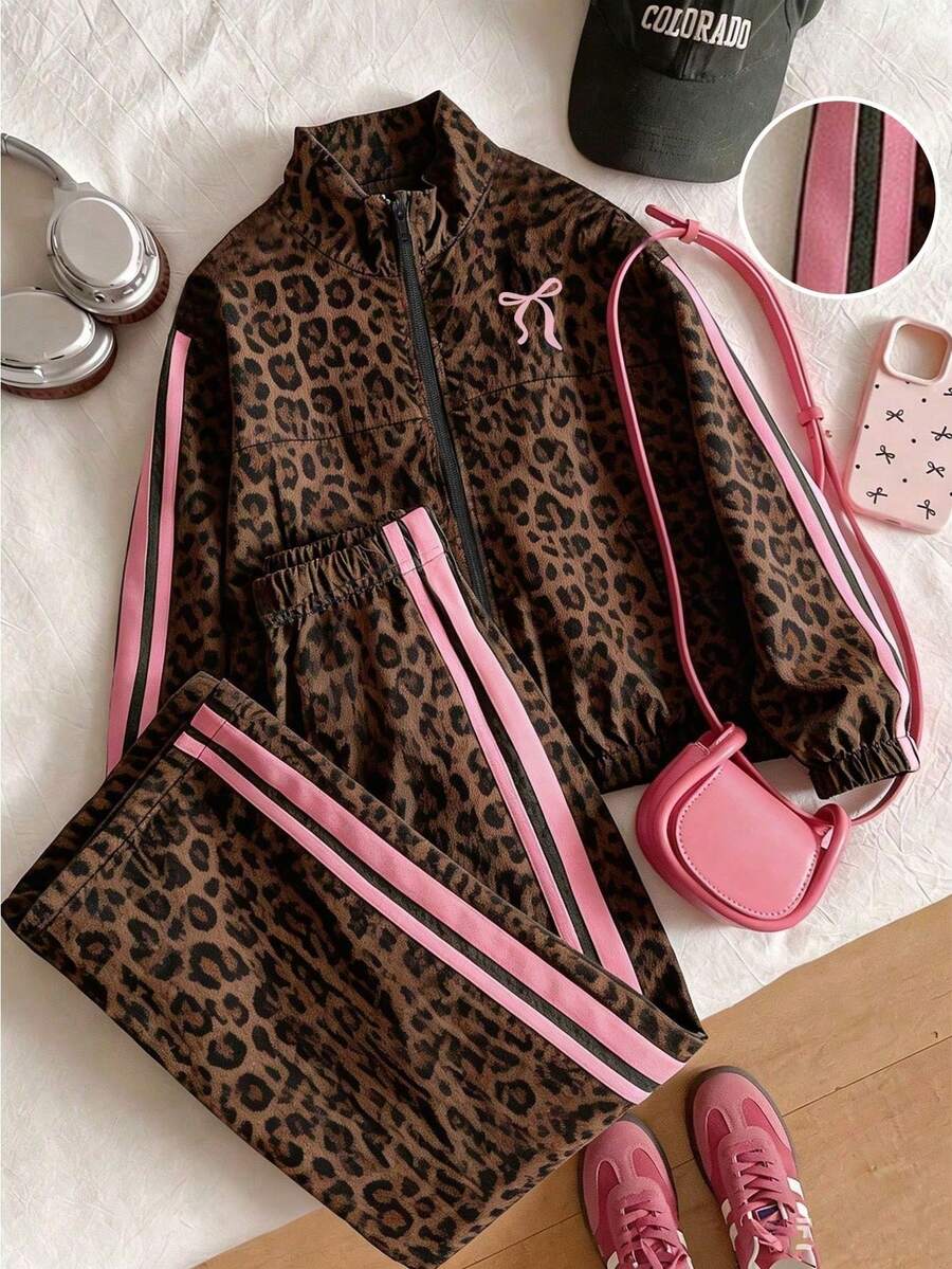 Casuvi Kids Teen Girl Leopard Print Jacket And Pants Set - Multicolor - View 1