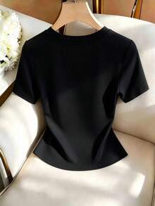 SHEIN Women's Elegant Commute Colorblock Patchwork Round Neck Simple Daily Versatile Date College Party T-Shirt - Black - View 4