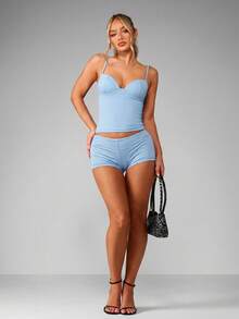 MISSGUIDED Atasan Cami Crop Korset Bustier Panjang dengan Garis Leher Bentuk Hati dan Tali Bahu Tipis yang Dapat Diatur untuk Musim Panas - Baby Blue - View 4