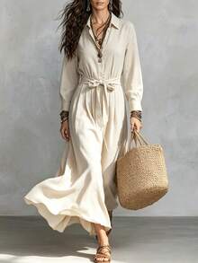 SHEIN Women's Solid Color Waist Knot Casual Party Dress - Apricot - View 3