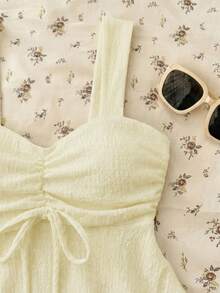 SHEIN Teen Girls Knitted Textured Ruched White Casual Cute Love Island Fitted Camisole Vacation Summer Primary School,Middle School,School Pinafore / Apron - Beige - View 4