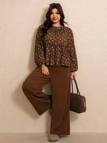 Elaquor Plus Size Women's All-Over Print Pleated Long Sleeve Top And Pants Casual 1920 Vintage Daily Vacation Going Out 2 Pieces Set Floral Summer Brown - Mocha Brown - View 7