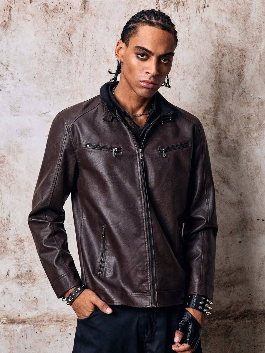 Skyrend Men's Solid Color Motorcycle Leather Jacket, Outdoor Sports, Couple Style, Spring/Autumn Fall/Autumn/Winter Grunge - Brown - View 1