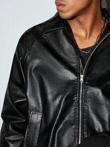 Modcrash Men's Long Sleeve Casual Solid Color Faux Leather Jacket, Autumn/Winter, Grunge Fall/Autumn/Winter - Black - View 7