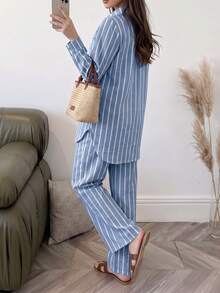 Solavon Women's Striped Colorblock Long Sleeve Top And Pants Casual Daily 2 Pieces Set - Blue - View 2