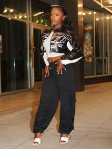 Steph T Flap Pocket Side Drawstring Waist Cargo Black Pants - Black - View 1