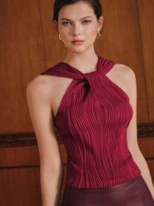 Anewsta Atasan Tank Top Camisole Wanita Model Crop Top dengan Tali Bahu Tipis Berpilin Warna Burgundy untuk Awal Musim Gugur - Burgundy - View 3