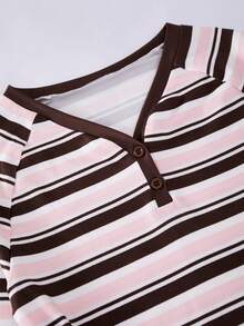 SHEIN 青少年女孩 T-shirt，粉色與棕色條紋，休閒版型，秋冬保暖，時尚百搭，日常穿著，舒適，極簡，可愛，領口，修身，圓領，印花，圖案印花 - 彩色 - 查看 3