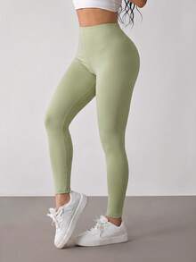 SHEIN PETITE Women's Solid Color High Waist Casual Versatile Leggings - Olive Green - View 5