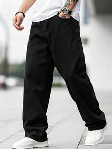 Manfinity Roughcore Jeans de algodón de corte holgado para hombre con bolsillos inclinados - Negro - Ver 4
