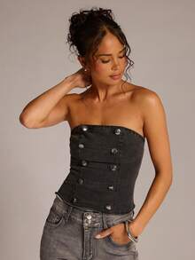 SHEIN BAE Sexy Fashion Black Washed Napoleon Tube Top Denim Blouse - Black - View 4