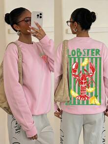 SHEIN 青少年女孩 粉色與翡翠綠龍蝦條紋字母印花寬鬆休閒街頭風衛衣 秋季 - 粉色 - 查看 10