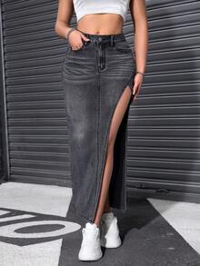 SHEIN EZwear 女款高腰側開衩下擺休閒性感街頭風牛仔裙，適合外出、夜生活、夜店，灰色，秋季 - 黑色 - 查看 6