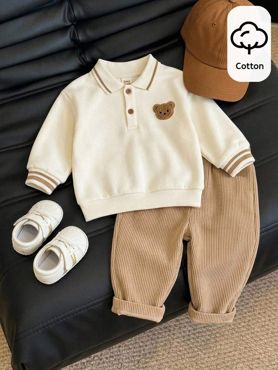 SHEIN Baby Boy Cartoon Bear Patchwork Lapel Long Sleeve Pullover Sweatshirt And Elastic Waist Long Pants 2-Piece Set, Suitable For Autumn, Winter And Back To School Season - Multicolor - View 1