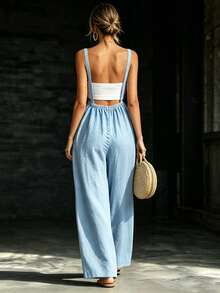 Glimmora Women's Solid Color Pleated Casual Daily Wear Spaghetti Strap Jumpsuit - Blue - View 2