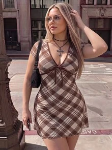 SHEIN ICON 大尺碼復古1960年代性感千禧風Y2K簡約休閒優雅通勤深V領棕色格紋學院風絲絨緞帶洋裝生日禮物 - 棕色 - 查看 10