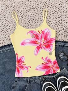 Teen Girls Casual Minimalist Spaghetti Strap Fitted Tank Top Summer Top Flower - Multicolor - View 3