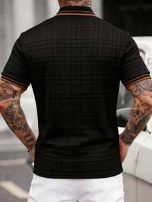 EGENSIO Men's Knitted Jacquard Solid Color Textured Collar Cuff Ribbed Two-Patch Black Patch Chest Patch Polo Shirt - Black - View 2