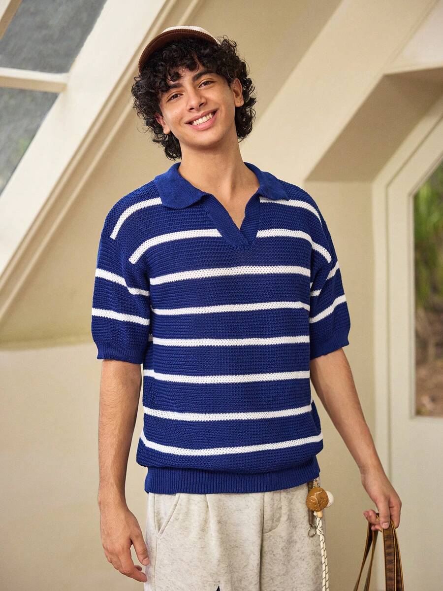 Whitmere Spring/Summer New Striped Knit Polo Shirt For Men, Contrast Color Seagull Collar, Textured Short Sleeve, Retro Casual Commute Business Sports Loose Fit Slimming Top