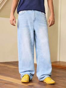Whitmere Men's Y2K Solid Color Washed Denim Long Pants, Straight Leg Casual Loose Wide Leg Pants - Blue - View 6