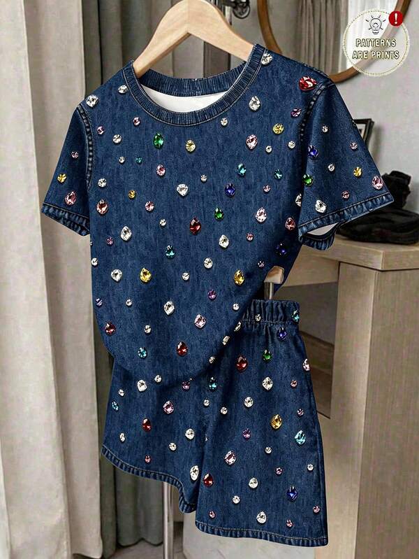 Baby Girl Colorful Rhinestone Decor Short Sleeve T-Shirt And Shorts Casual Daily Outfit