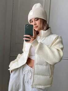 DAZY Women's Colorblock Zipper Casual Winter Padded Coat Fall - White - View 1