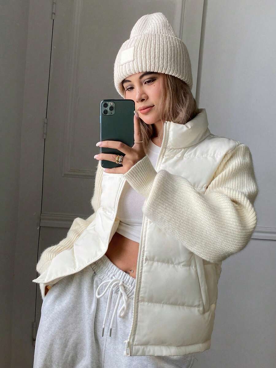 DAZY Women's Colorblock Zipper Casual Winter Padded Coat Fall - White - View 1